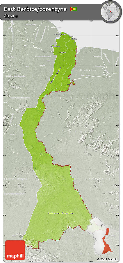Physical Map of East Berbice/corentyne, lighten, semi-desaturated