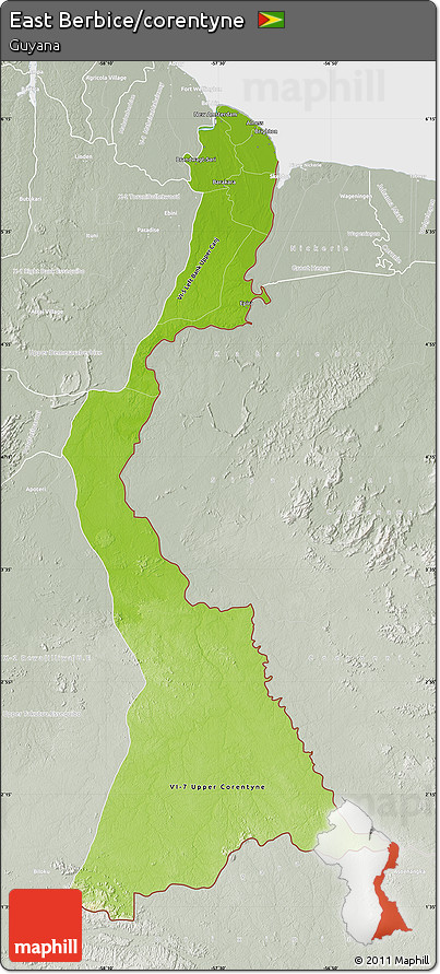 Physical Map of East Berbice/corentyne, lighten, semi-desaturated