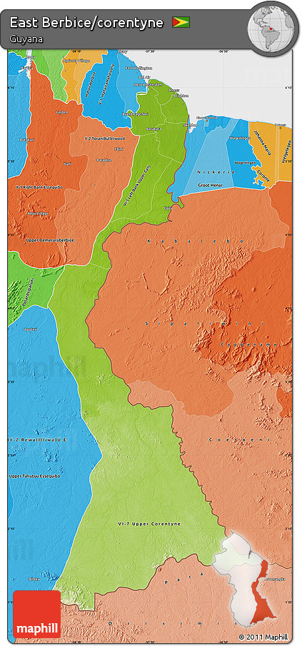 Physical Map of East Berbice/corentyne, political shades outside