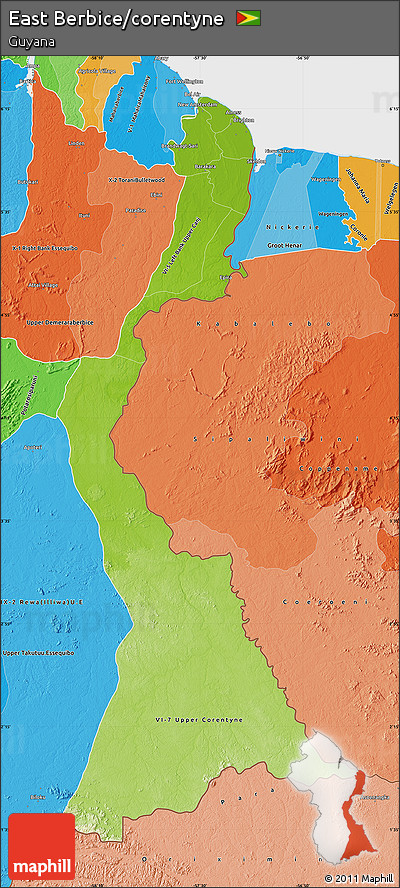 Physical Map of East Berbice/corentyne, political shades outside