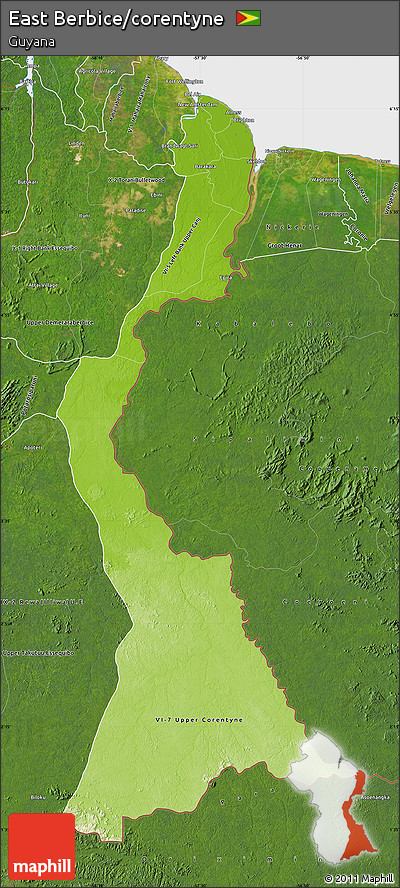 Physical Map of East Berbice/corentyne, satellite outside
