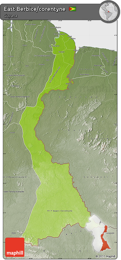 Physical Map of East Berbice/corentyne, semi-desaturated