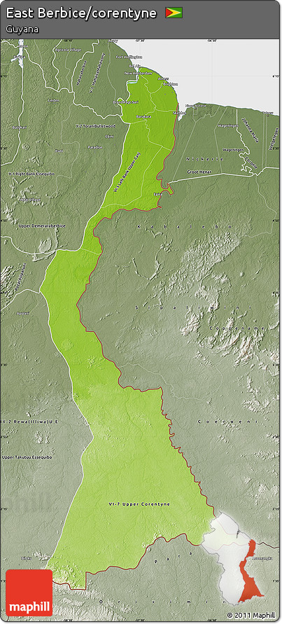 Physical Map of East Berbice/corentyne, semi-desaturated