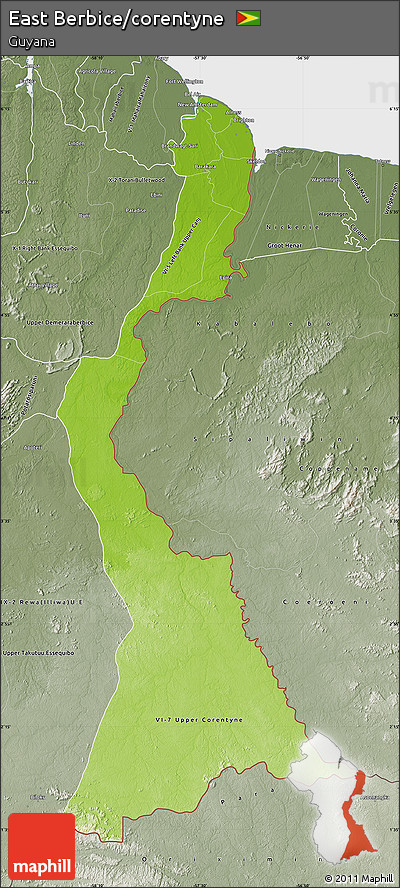 Physical Map of East Berbice/corentyne, semi-desaturated