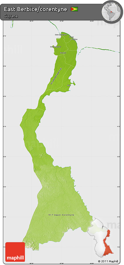 Physical Map of East Berbice/corentyne, single color outside