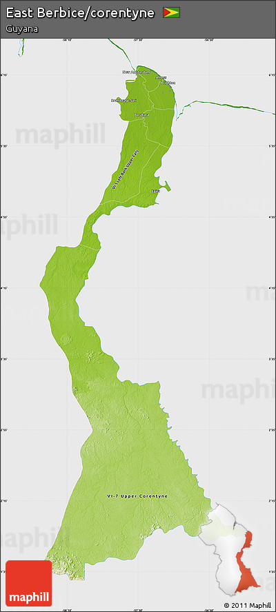 Physical Map of East Berbice/corentyne, single color outside