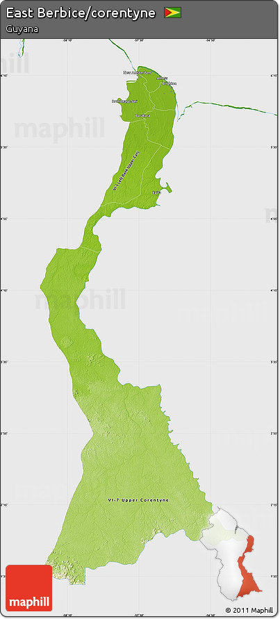 Physical Map of East Berbice/corentyne, single color outside
