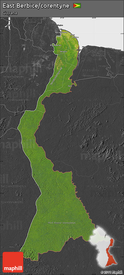 Satellite Map of East Berbice/corentyne, darken, desaturated