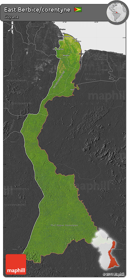 Satellite Map of East Berbice/corentyne, darken, desaturated
