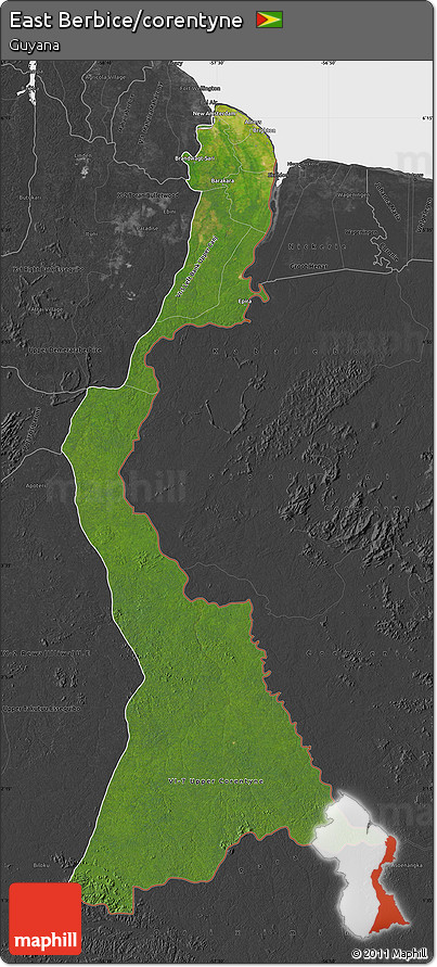 Satellite Map of East Berbice/corentyne, darken, desaturated