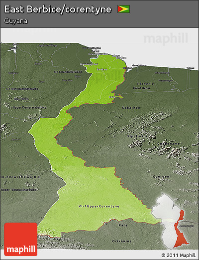 Physical Panoramic Map of East Berbice/corentyne, darken, semi-desaturated