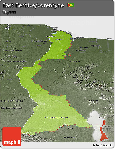Physical Panoramic Map of East Berbice/corentyne, darken, semi-desaturated