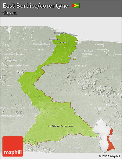Physical Panoramic Map of East Berbice/corentyne, lighten, semi-desaturated