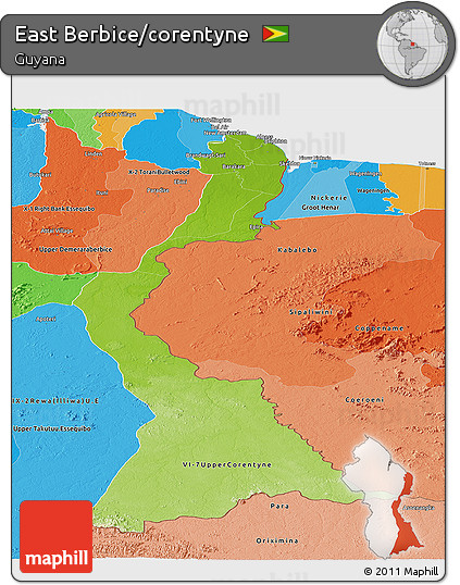 Physical Panoramic Map of East Berbice/corentyne, political shades outside