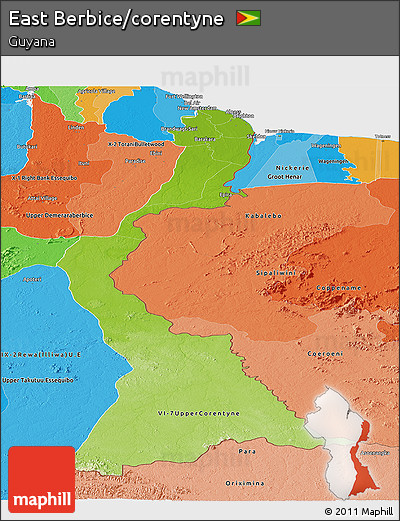 Physical Panoramic Map of East Berbice/corentyne, political shades outside