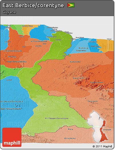 Physical Panoramic Map of East Berbice/corentyne, political shades outside