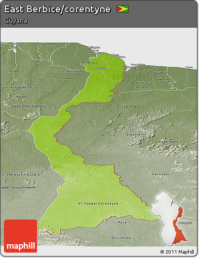 Physical Panoramic Map of East Berbice/corentyne, semi-desaturated