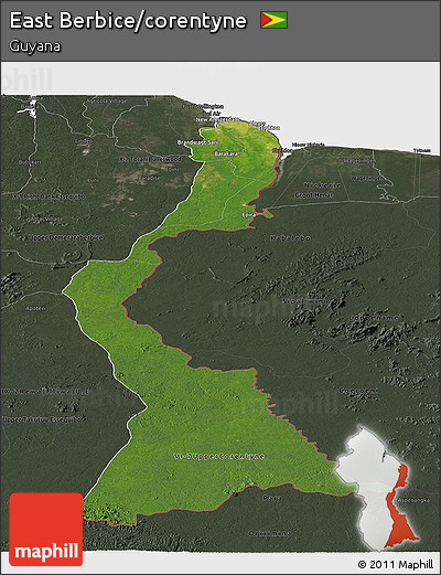 Satellite Panoramic Map of East Berbice/corentyne, darken, semi-desaturated