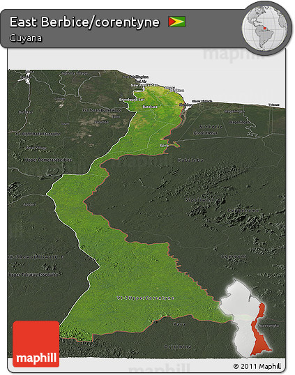 Satellite Panoramic Map of East Berbice/corentyne, darken, semi-desaturated