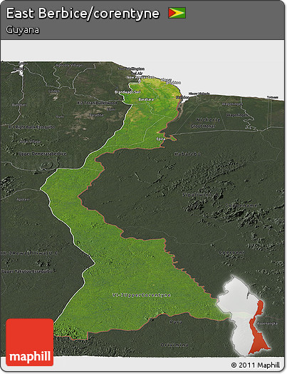 Satellite Panoramic Map of East Berbice/corentyne, darken, semi-desaturated