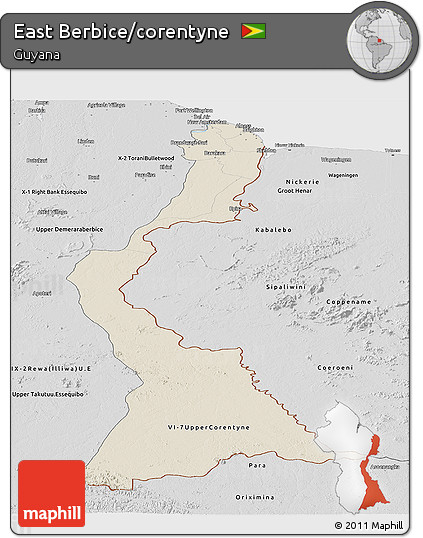 Shaded Relief Panoramic Map of East Berbice/corentyne, desaturated