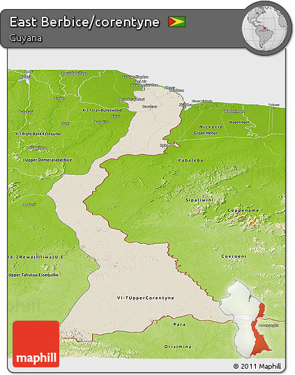 Shaded Relief Panoramic Map of East Berbice/corentyne, physical outside
