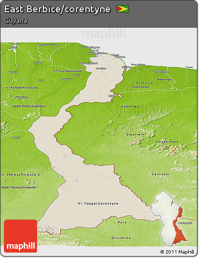 Shaded Relief Panoramic Map of East Berbice/corentyne, physical outside