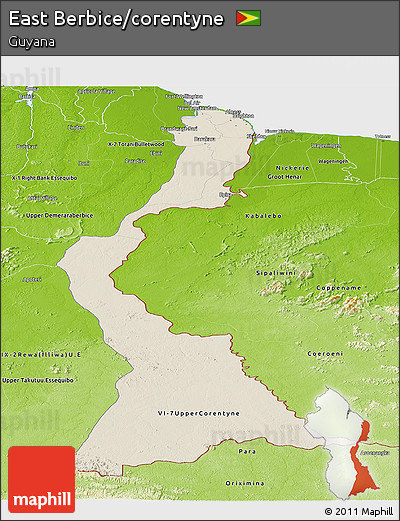 Shaded Relief Panoramic Map of East Berbice/corentyne, physical outside