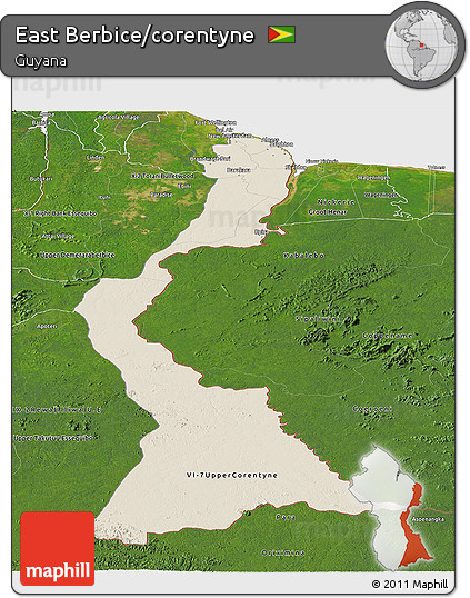 Shaded Relief Panoramic Map of East Berbice/corentyne, satellite outside