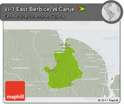 Physical 3D Map of VI-1 East Berbice/W.Canje, lighten, semi-desaturated