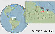 Savanna Style Location Map of VI-1 East Berbice/W.Canje, within the entire country, hill shading