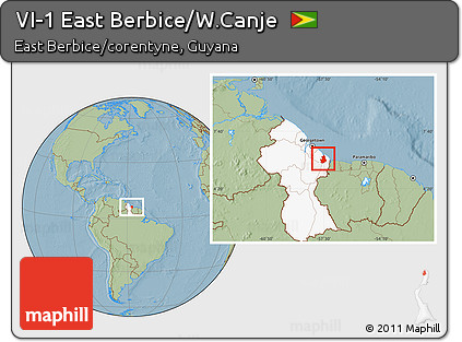 Savanna Style Location Map of VI-1 East Berbice/W.Canje, highlighted country, hill shading