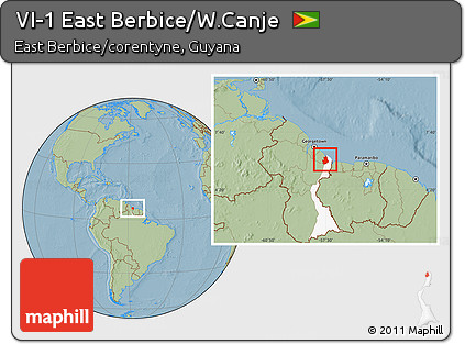 Savanna Style Location Map of VI-1 East Berbice/W.Canje, highlighted parent region, hill shading