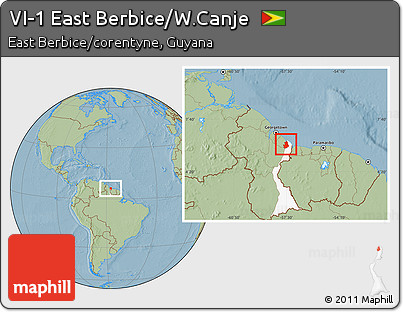 Savanna Style Location Map of VI-1 East Berbice/W.Canje, highlighted parent region, hill shading