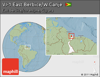 Savanna Style Location Map of VI-1 East Berbice/W.Canje, highlighted parent region, hill shading