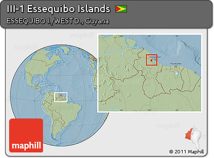 Savanna Style Location Map of III-1 Essequibo Islands, within the entire country, hill shading