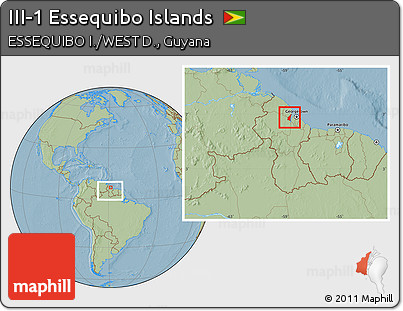 Savanna Style Location Map of III-1 Essequibo Islands, within the entire country, hill shading