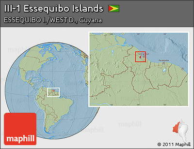 Savanna Style Location Map of III-1 Essequibo Islands, within the entire country, hill shading