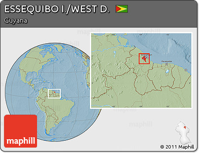 Savanna Style Location Map of ESSEQUIBO I./WEST D., within the entire country, hill shading