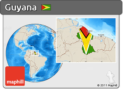 Flag Location Map of Guyana, shaded relief outside