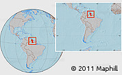 Gray Location Map of Guyana, within the entire continent, hill shading