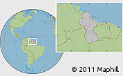 Gray Location Map of Guyana, savanna style outside, hill shading inside