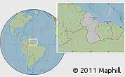 Gray Location Map of Guyana, savanna style outside, hill shading