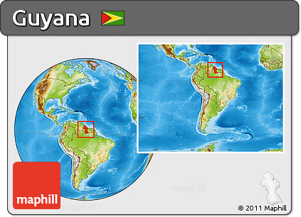 Physical Location Map of Guyana, within the entire continent