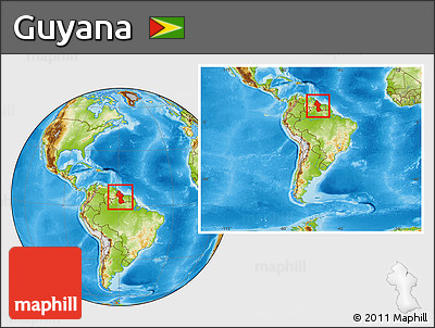Physical Location Map of Guyana, within the entire continent