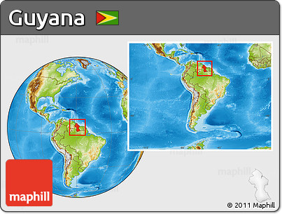 Physical Location Map of Guyana, within the entire continent