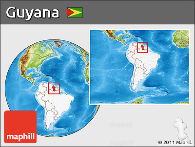 Physical Location Map of Guyana, highlighted continent, within the entire continent