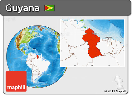 Physical Location Map of Guyana, highlighted continent