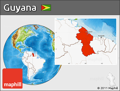 Physical Location Map of Guyana, highlighted continent