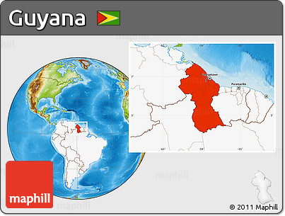 Physical Location Map of Guyana, highlighted continent